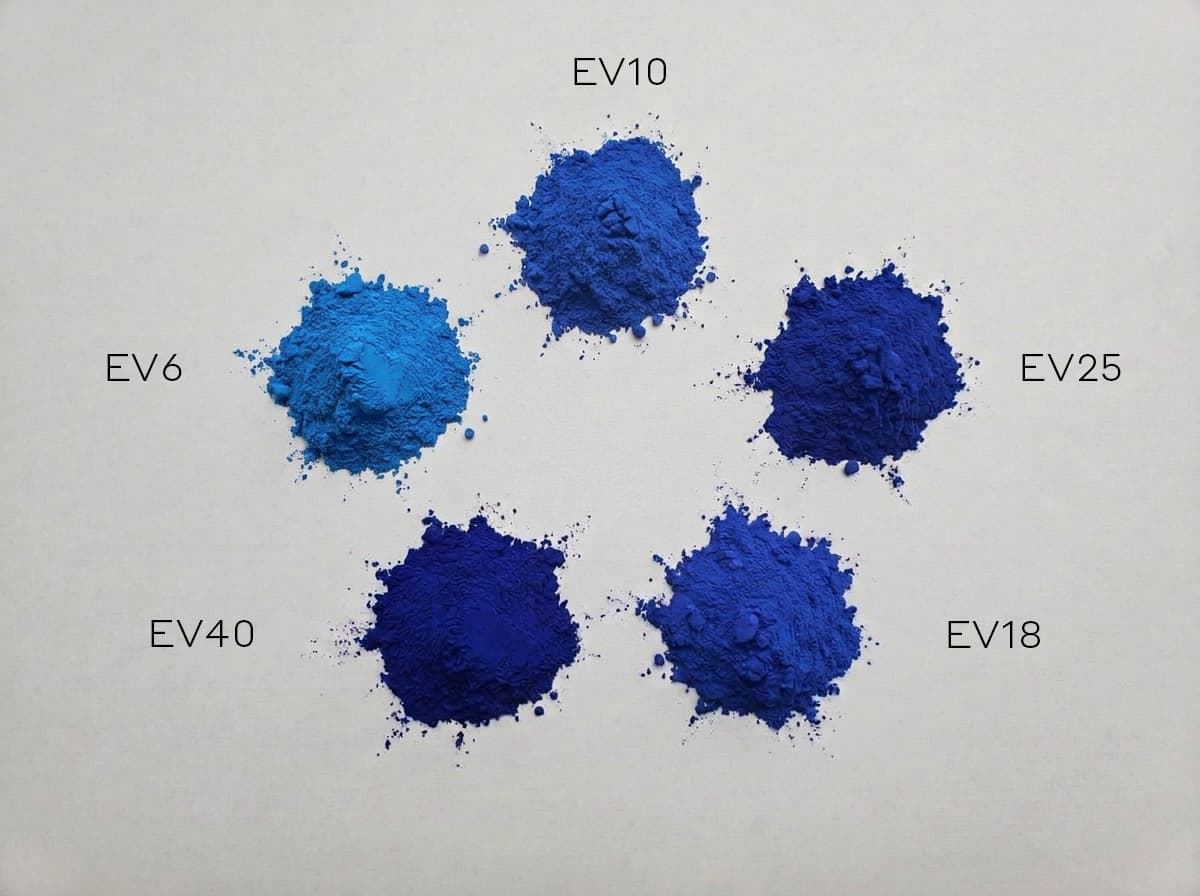 5 piles of organic spirulina blue phycocyanin powder in grades EV6, EV10, EV18, EV25, EV40